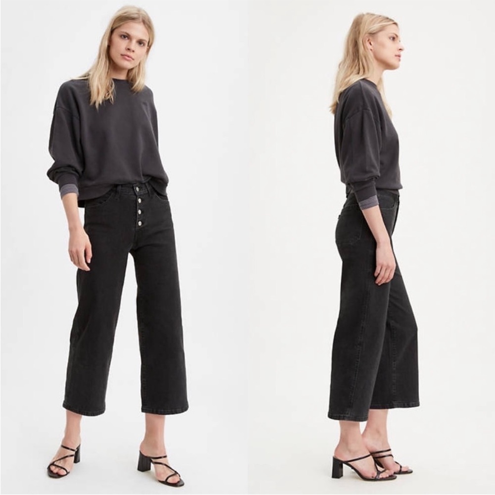 LEVI’S Mile High Button Fly Cropped Wide Leg Jeans Black Size 32